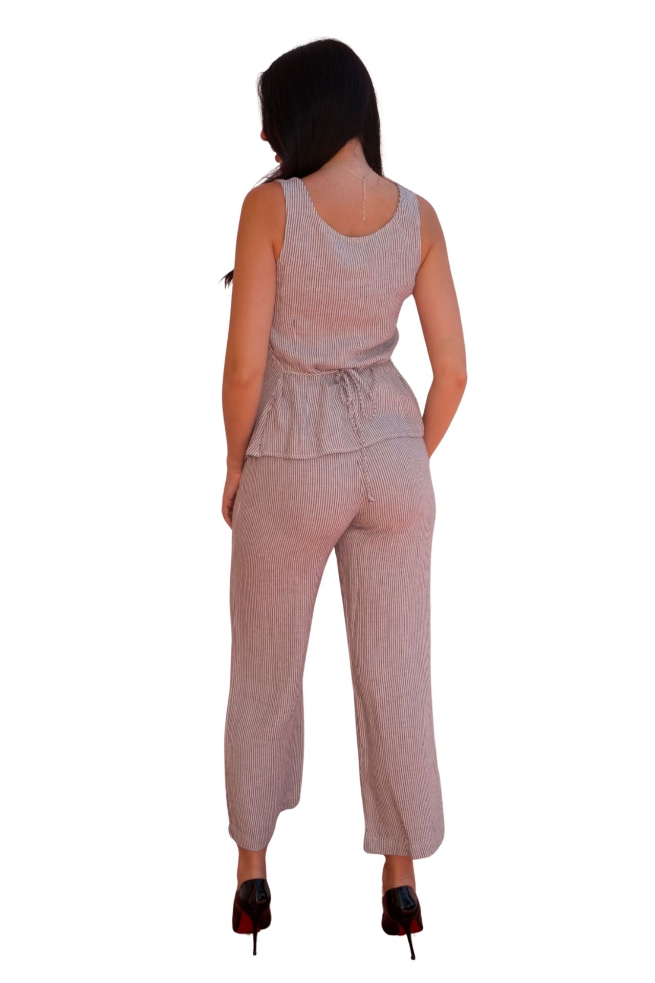 Striped linen blend two-piece set with button front top and wide leg pants, flattering summer outfit for women with tailored waist and relaxed fit.