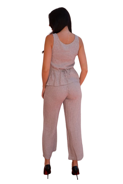 Striped linen blend two-piece set with button front top and wide leg pants, flattering summer outfit for women with tailored waist and relaxed fit.