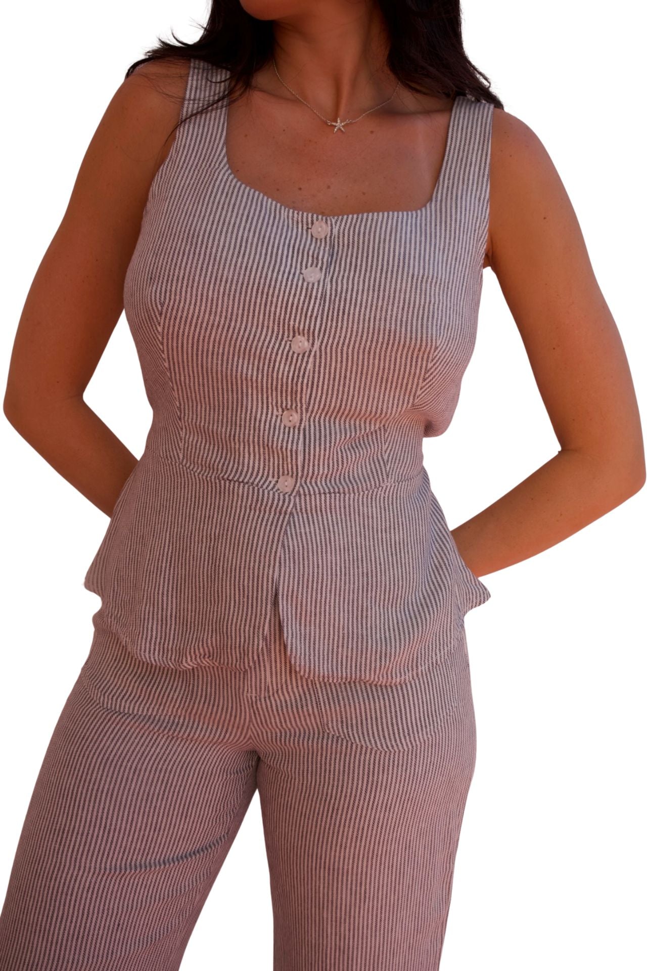 Striped linen blend two-piece set with button front top and wide leg pants, flattering summer outfit for women with tailored waist and relaxed fit.