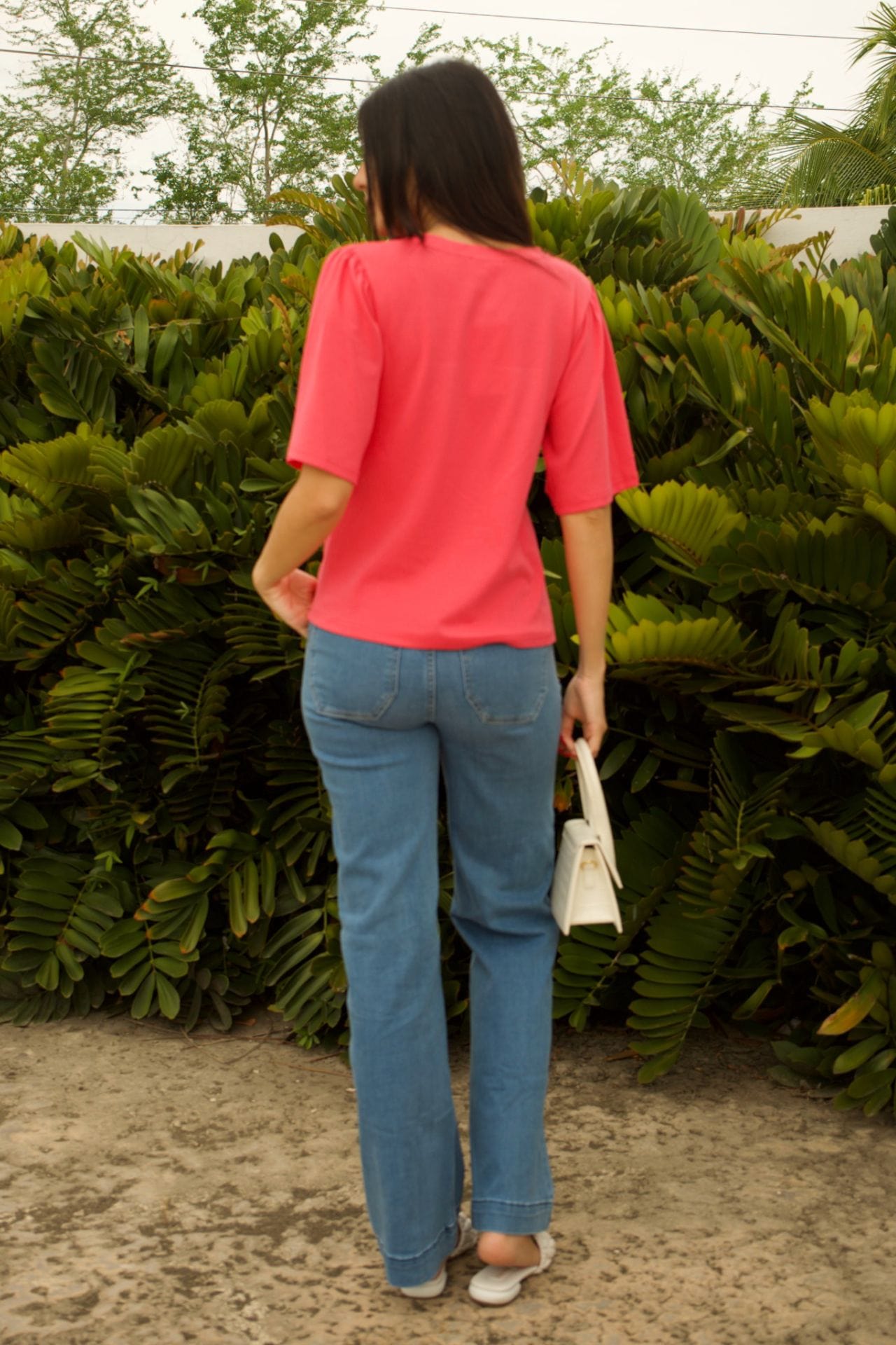 Coral Asymmetrical Twist-Front Cotton Top - back view, stretch cotton fabric and flattering fit.