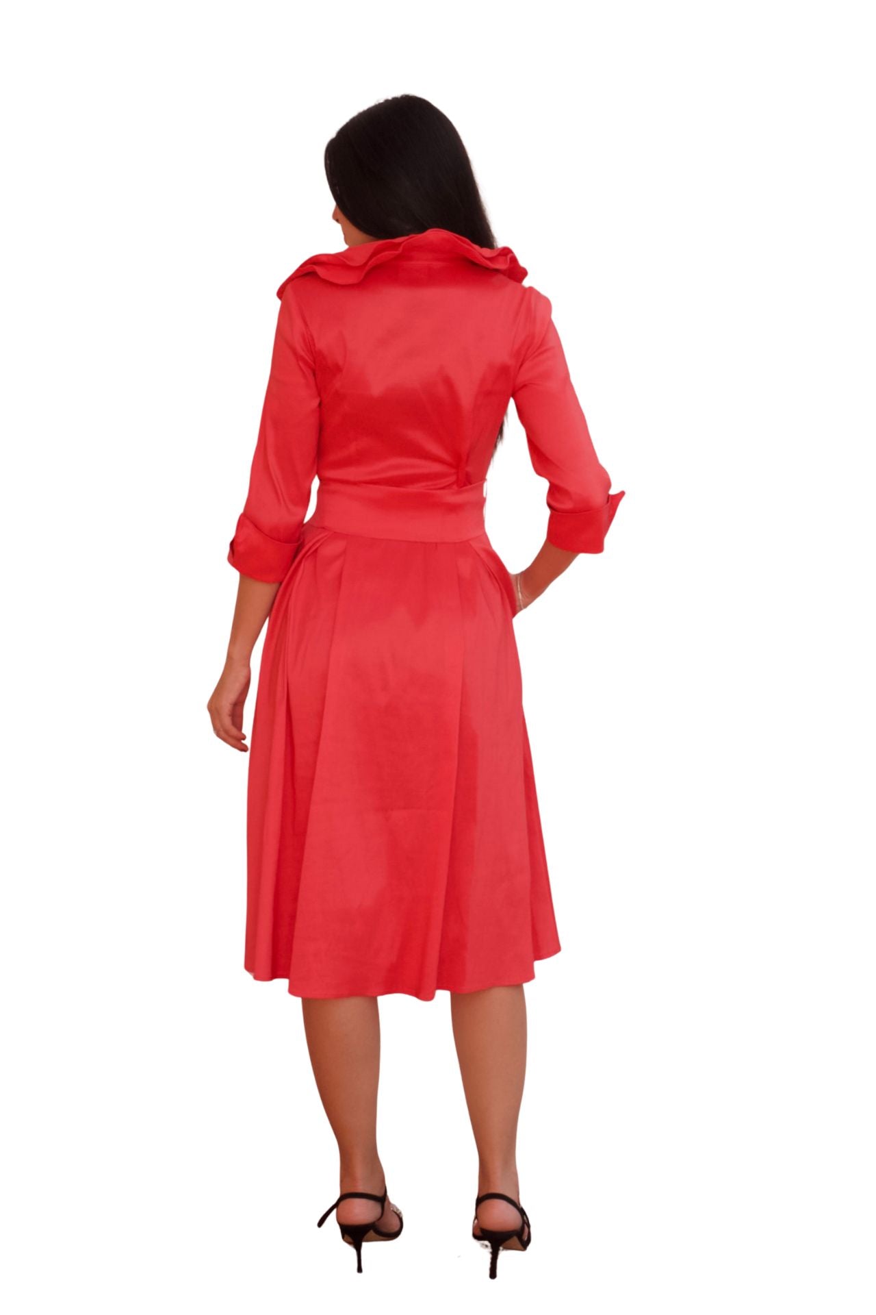 Coral taffeta midi dress with belt and zip front detail, elegant day to night dress for women with flattering silhouette and pockets.