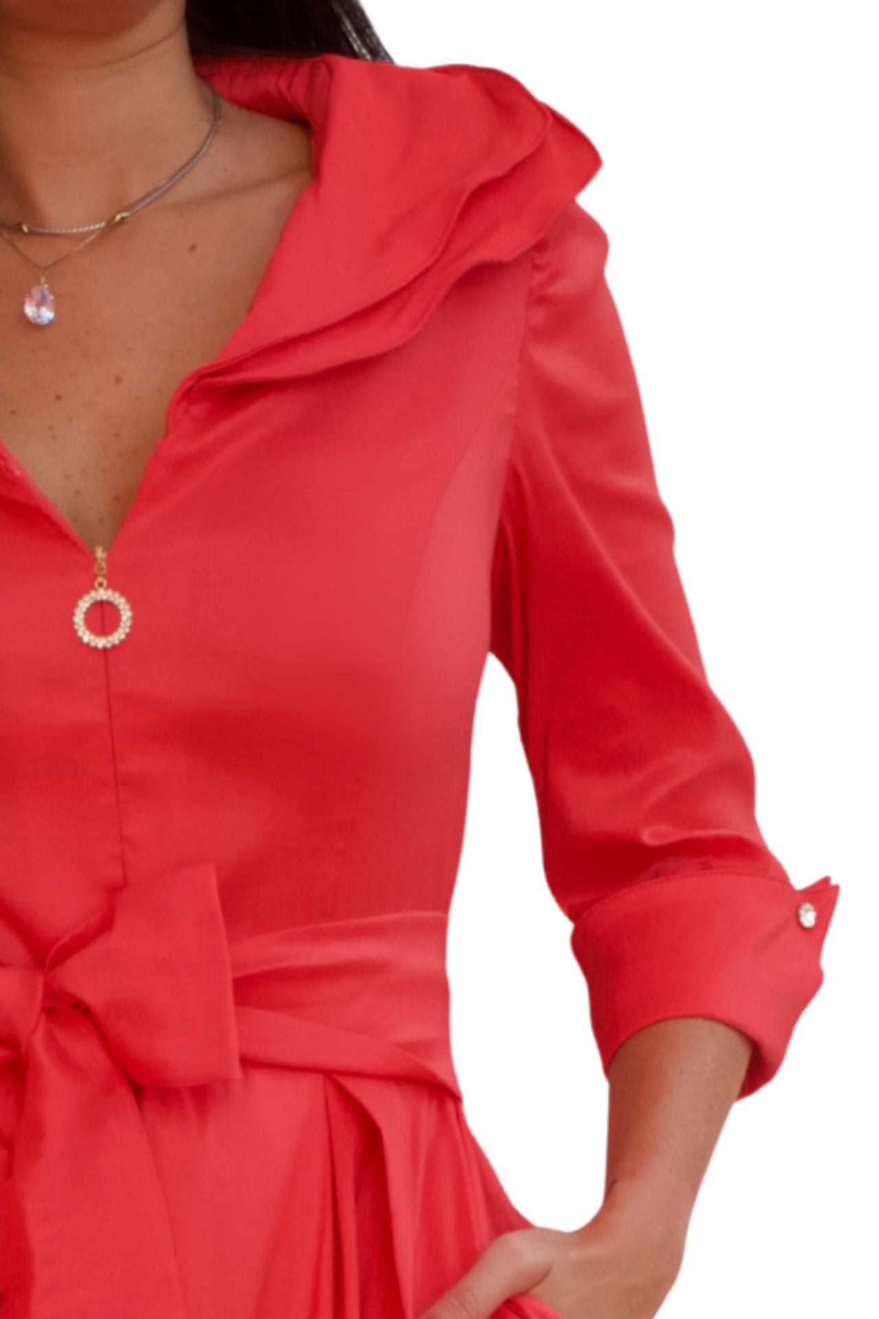 Coral taffeta midi dress with belt and zip front detail, elegant day to night dress for women with flattering silhouette and pockets.