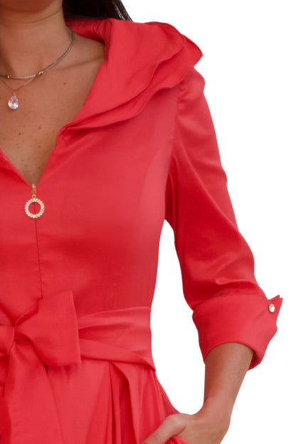 Coral taffeta midi dress with belt and zip front detail, elegant day to night dress for women with flattering silhouette and pockets.