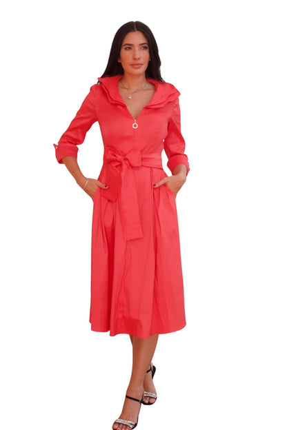Coral taffeta midi dress with belt and zip front detail, elegant day to night dress for women with flattering silhouette and pockets.