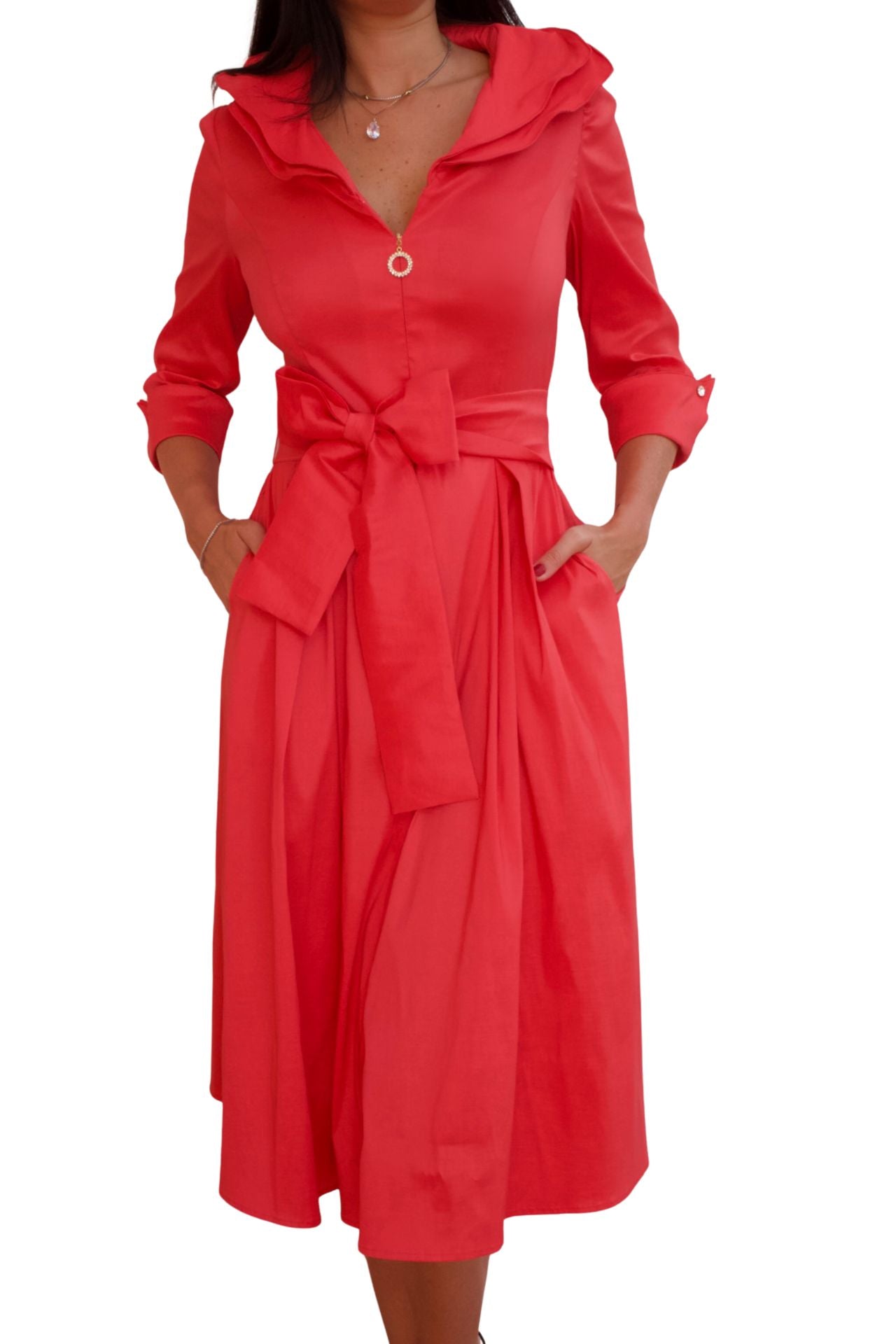 Coral taffeta midi dress with belt and zip front detail, elegant day to night dress for women with flattering silhouette and pockets.