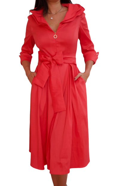 Coral taffeta midi dress with belt and zip front detail, elegant day to night dress for women with flattering silhouette and pockets.