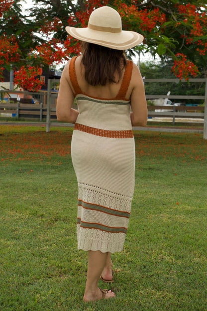 Crochet midi dress – back view, fitted silhouette and open-knit detail.