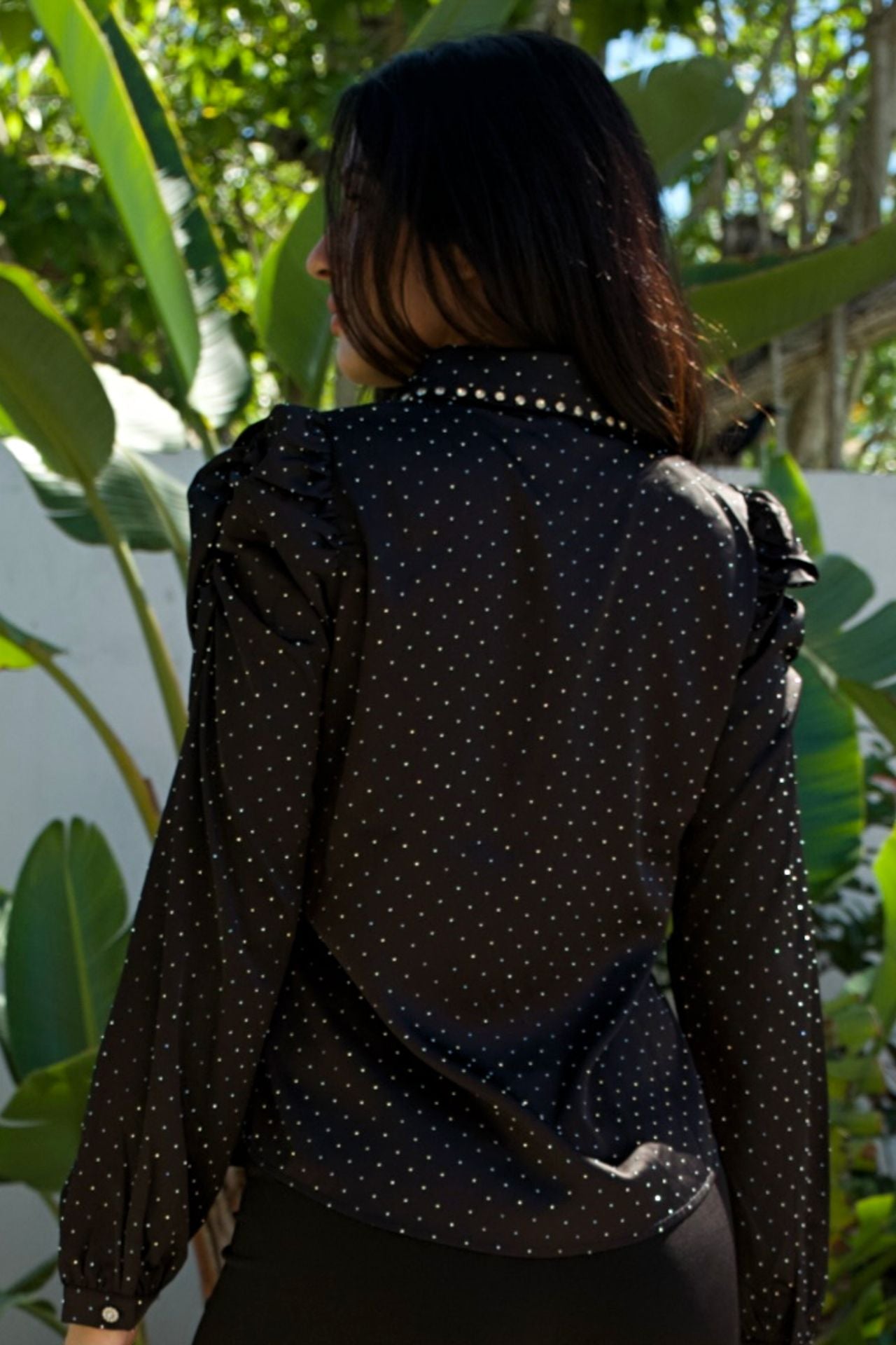 Black puff-sleeve blouse with crystal studs and crystal buttons — Elegance Boutique