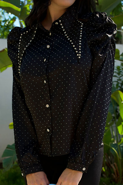 Black puff-sleeve blouse with crystal studs and crystal buttons — Elegance Boutique