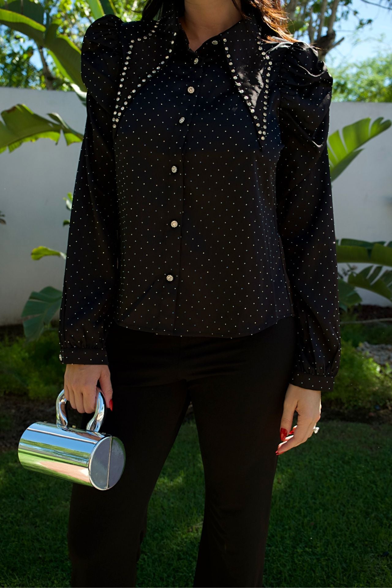 Black puff-sleeve blouse with crystal studs and crystal buttons — Elegance Boutique