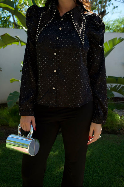 Black puff-sleeve blouse with crystal studs and crystal buttons — Elegance Boutique