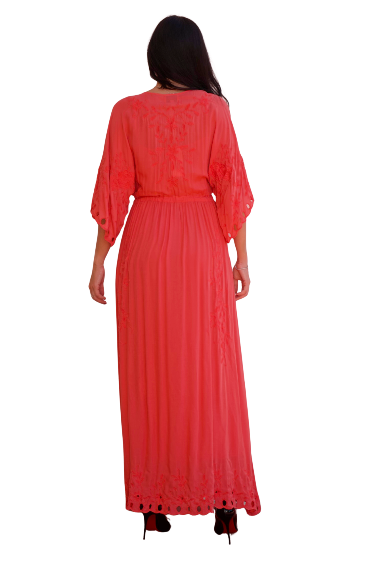 Coral flowy maxi dress with embroidery, cinched waist and lightweight elegant silhouette