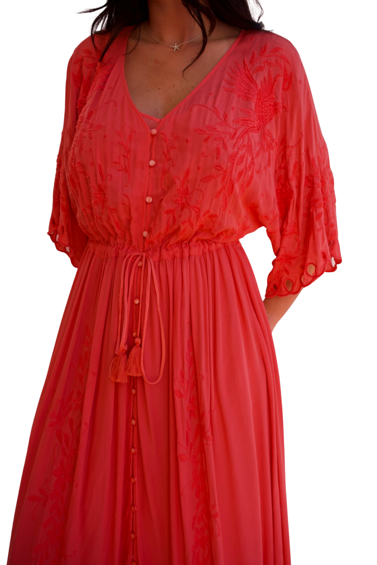 Coral flowy coral dress with embroidery, cinched waist and lightweight elegant silhouette