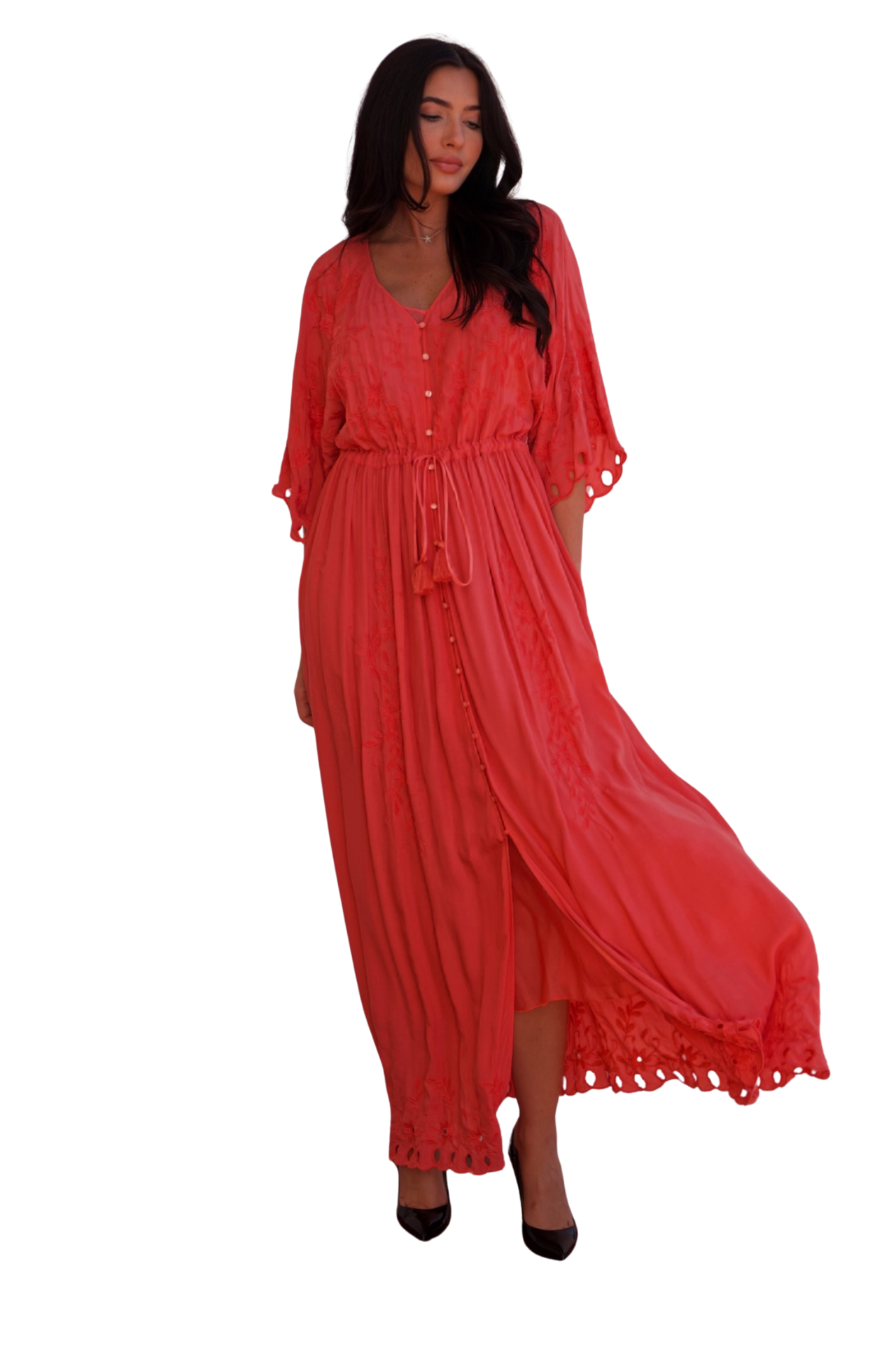 Coral flowy maxi dress with embroidery, cinched waist and lightweight elegant silhouette