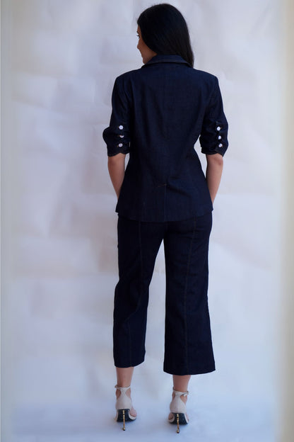 Dark denim cropped tailored pants with side zip closure available online and in-store