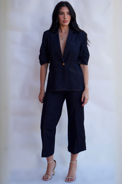 Dark denim cropped tailored pants with side zip closure available online and in-store