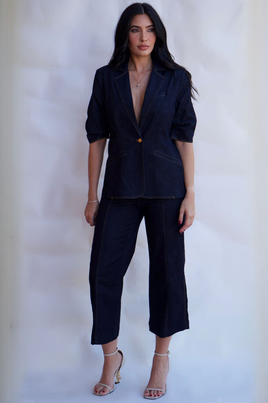 Dark denim tailored blazer with contrast stitching and single button closure available online and in-store