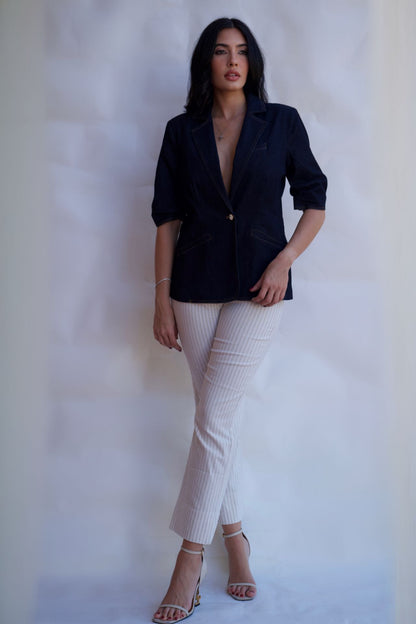 Dark denim tailored blazer with contrast stitching and single button closure available online and in-store
