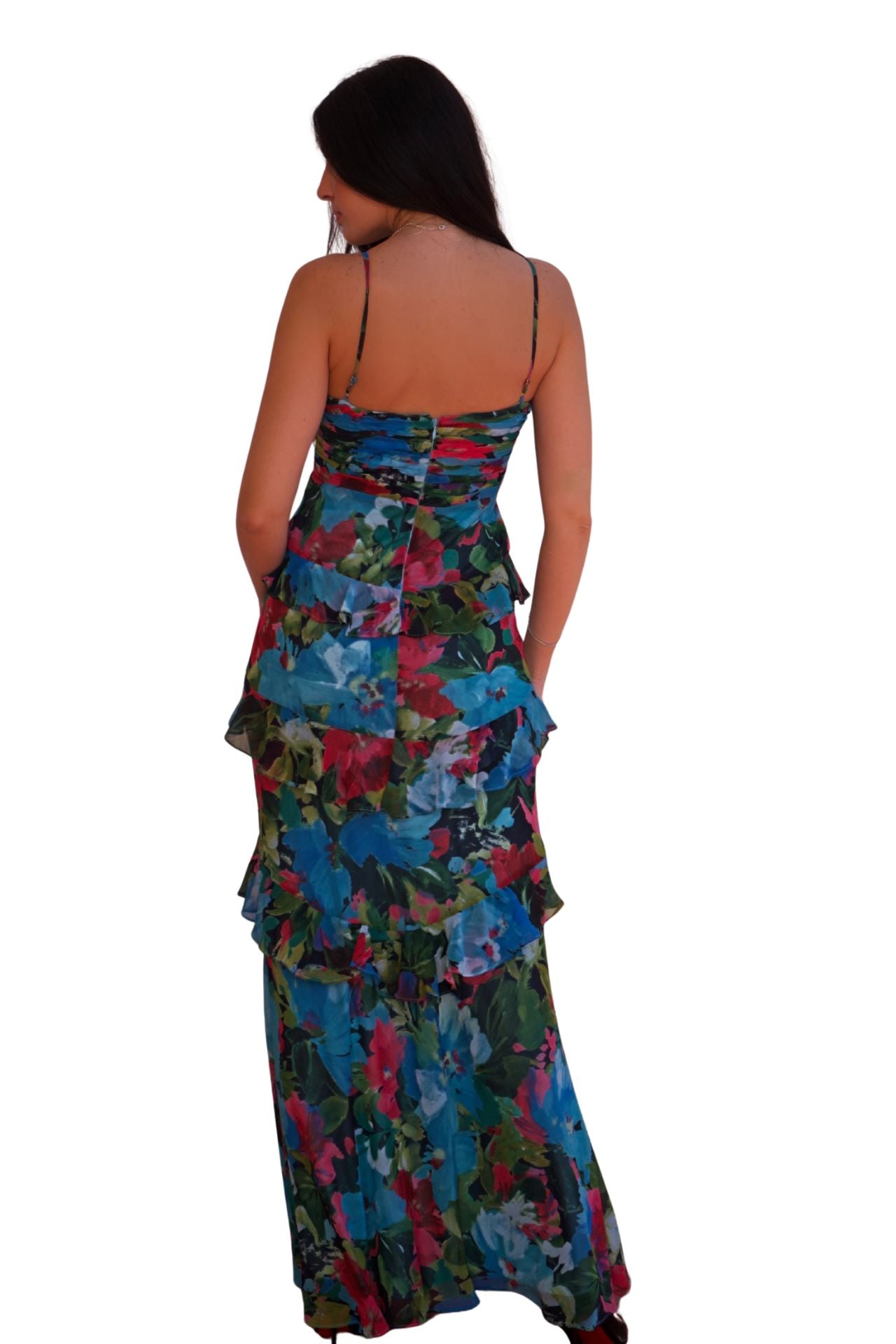 Teal floral halter evening gown with ruffle details, elegant long dress for women with fitted silhouette and vibrant print.