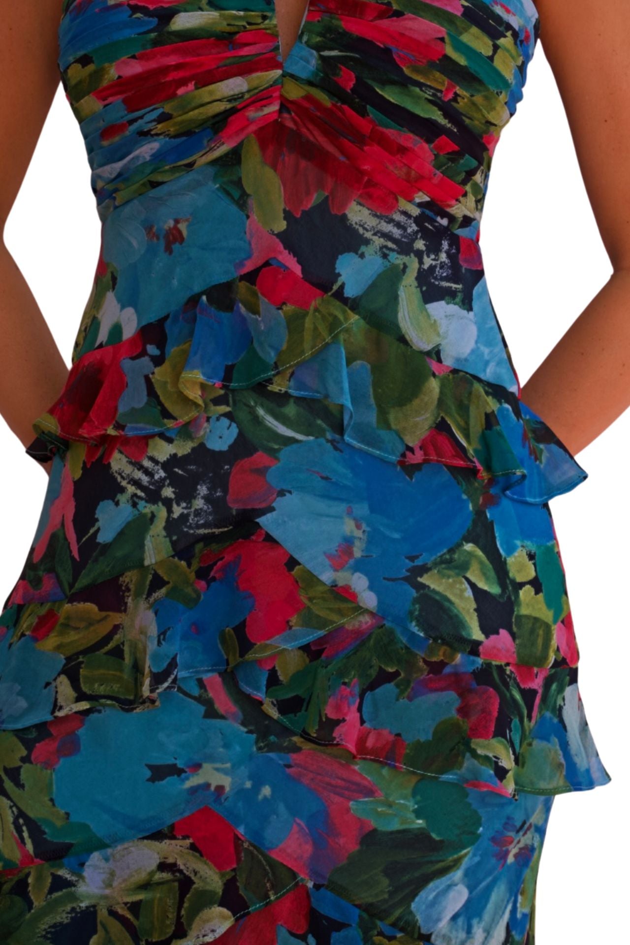 Teal floral halter evening gown with ruffle details, elegant long dress for women with fitted silhouette and vibrant print.