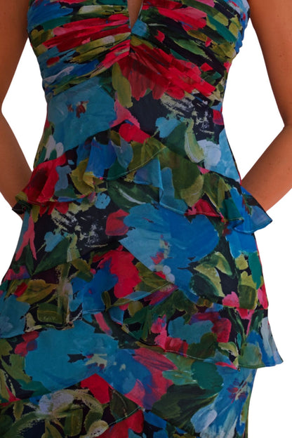 Teal floral halter evening gown with ruffle details, elegant long dress for women with fitted silhouette and vibrant print.