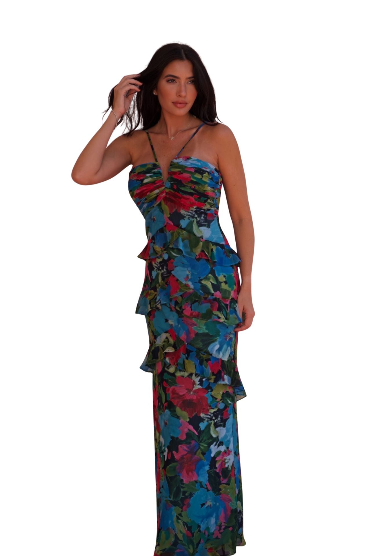 Teal floral halter evening gown with ruffle details, elegant long dress for women with fitted silhouette and vibrant print.