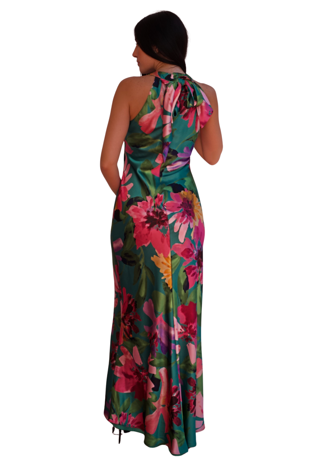 Elegant emerald green satin halter evening gown with vibrant floral print, sleeveless design and fitted silhouette, ideal for formal events and wedding guests.