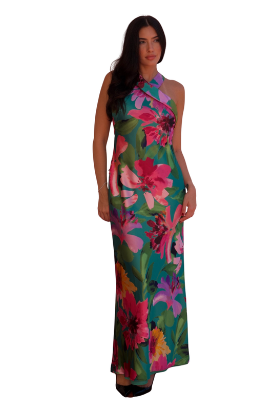 Elegant emerald green satin halter evening gown with vibrant floral print, sleeveless design and fitted silhouette, ideal for formal events and wedding guests.