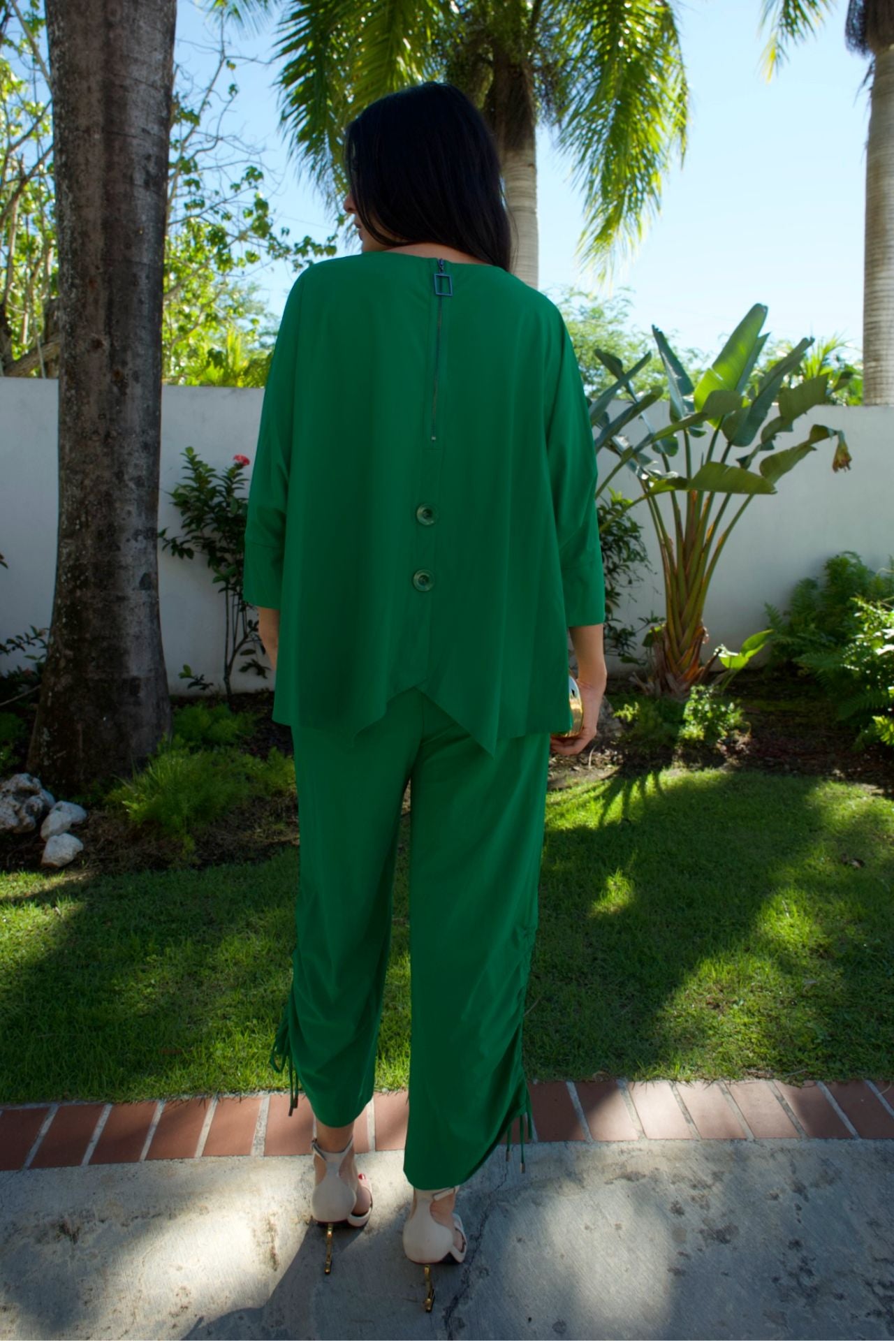 Emerald green ruched top and matching ruched-hem pant set — Elegance Boutique