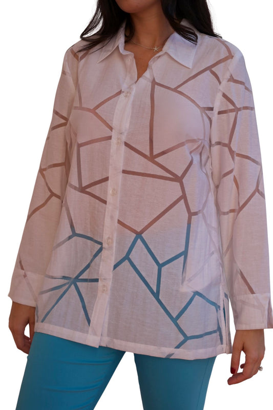 sheer geometric octagon print blouse lightweight elegant women shirt available online and in-store