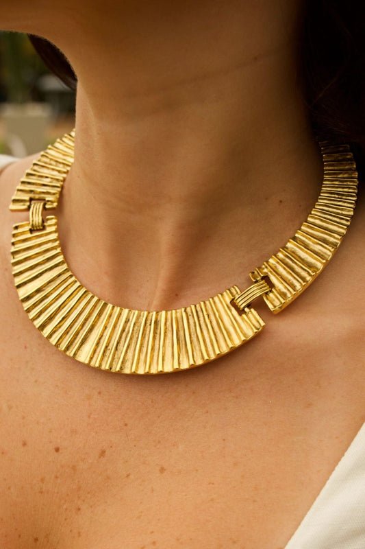 Women's gold brass fan-shaped statement necklace – bold geometric design perfect for elevated looks

