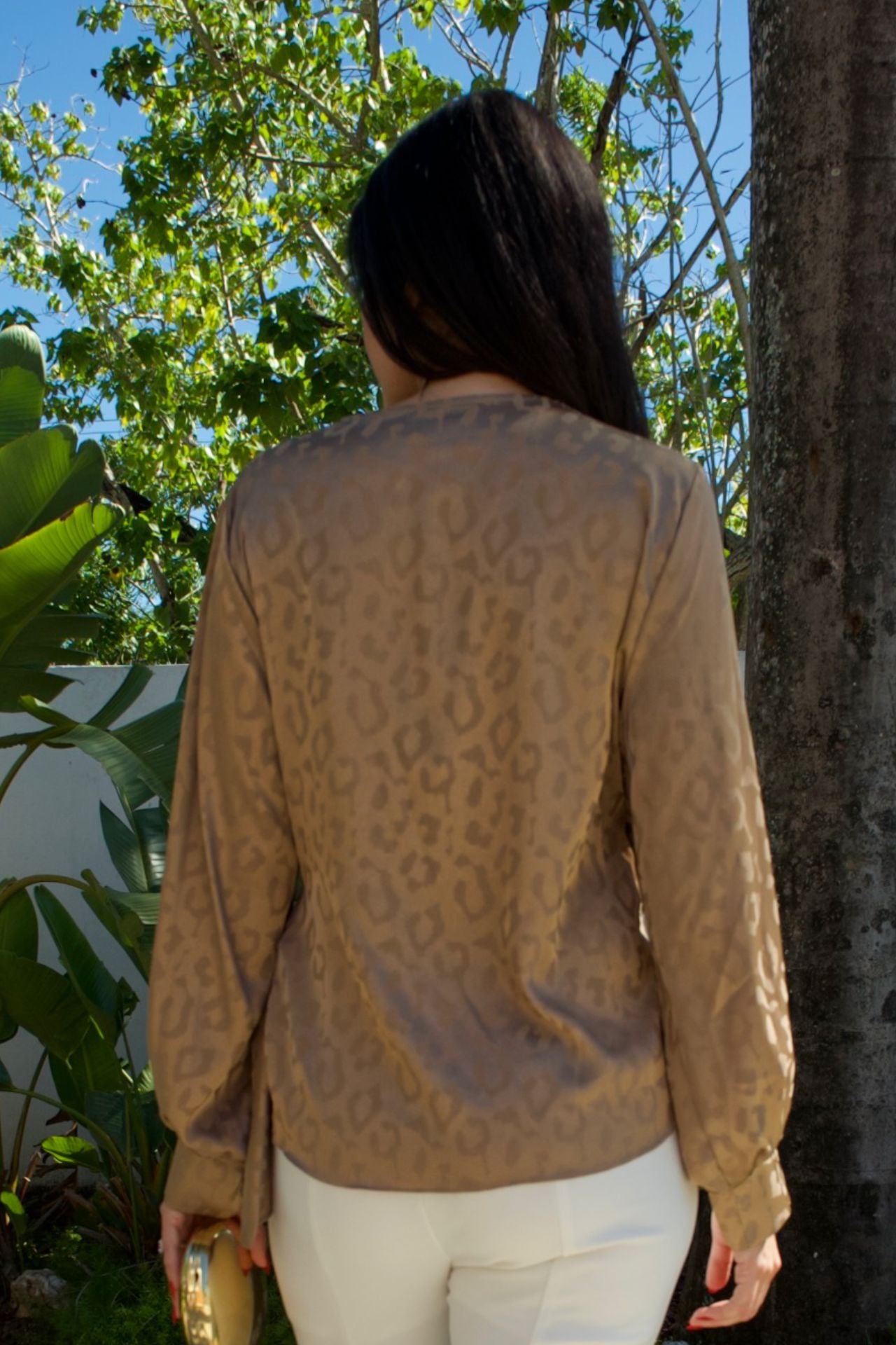 Gold satin animal print drape top with side tie and long sleeves — Elegance Boutique