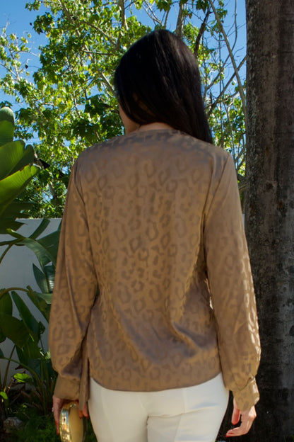 Gold satin animal print drape top with side tie and long sleeves — Elegance Boutique