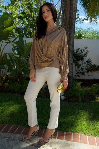 Gold satin animal print drape top with side tie and long sleeves — Elegance Boutique