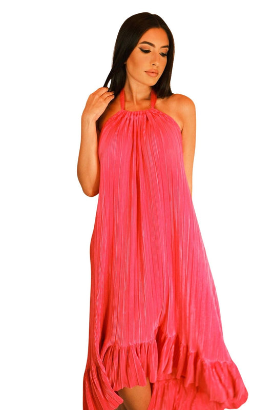 Halter plissé high-low dress – front view in hot pink, with flowing pleats and ruffle hem.