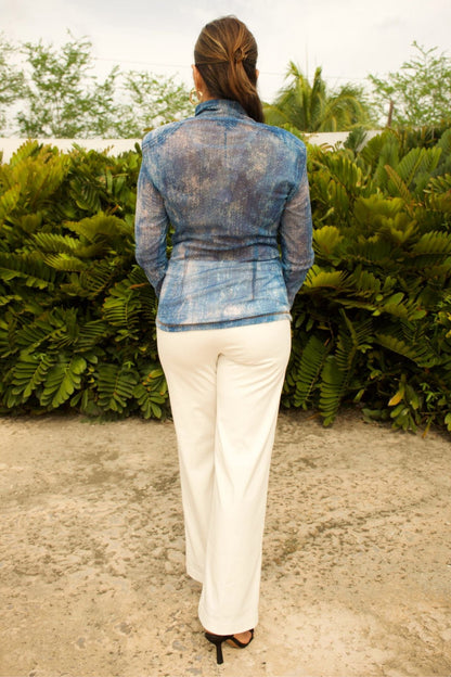 Mesh Denim Shirt – Slim Fit with Long Sleeves & Contrast Stitching - back view, fitted silhouette with contrast stitching.