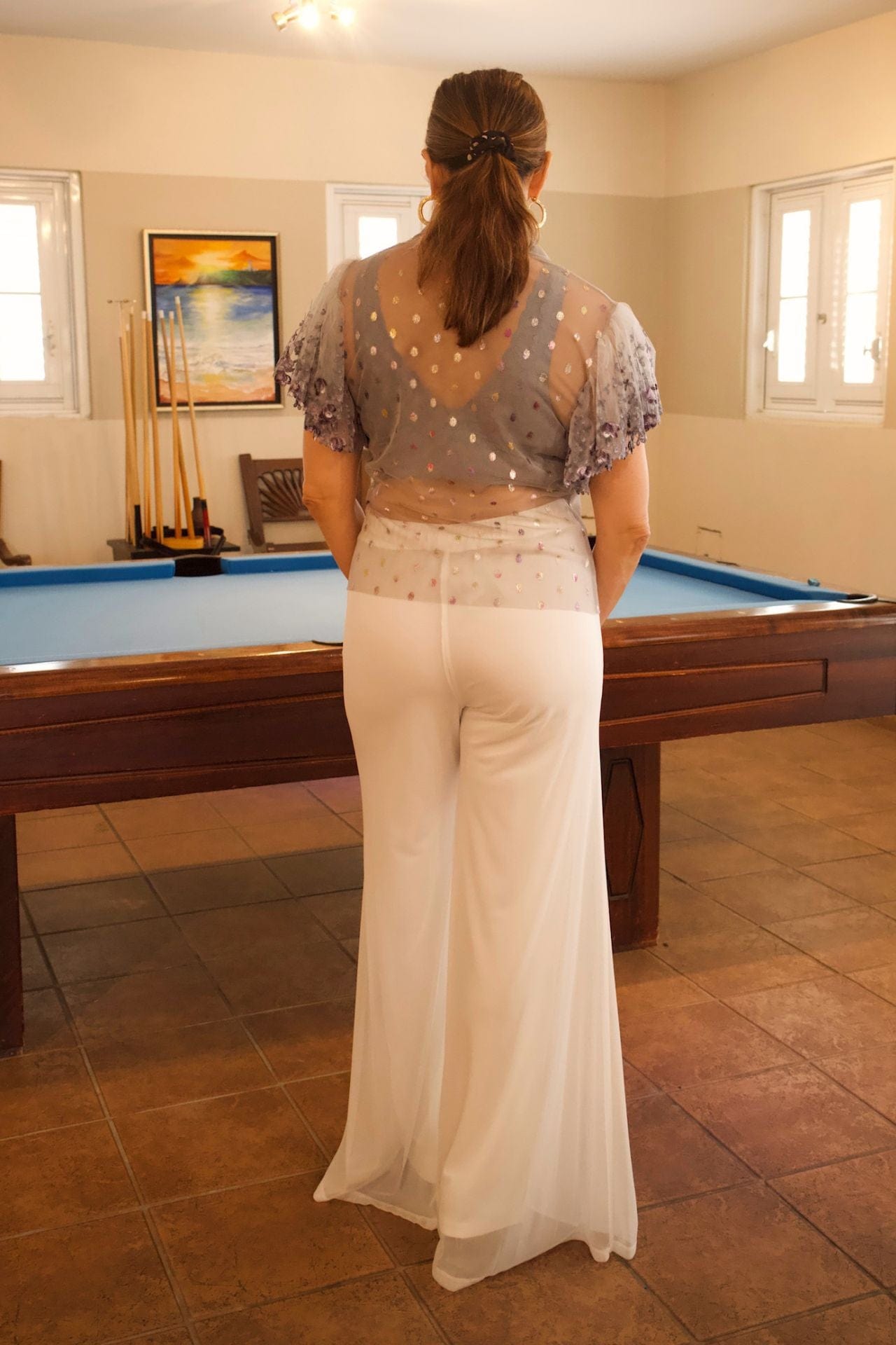 Metallic Mesh Bell Sleeve Blouse - back view, sheer fabric with embroidery and bell sleeves.