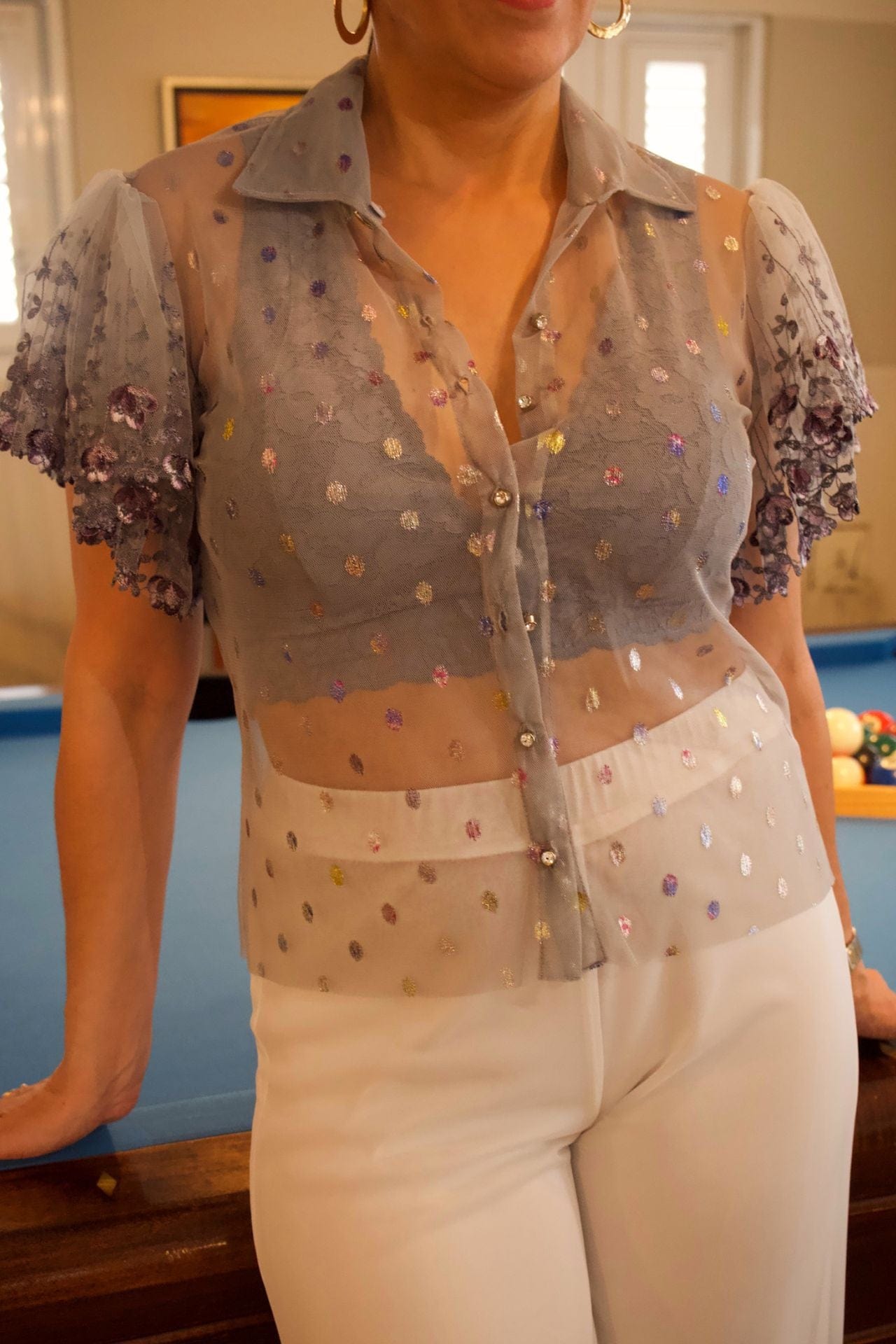 Metallic Mesh Bell Sleeve Blouse - front view, embroidered mesh and rhinestone buttons close up.

