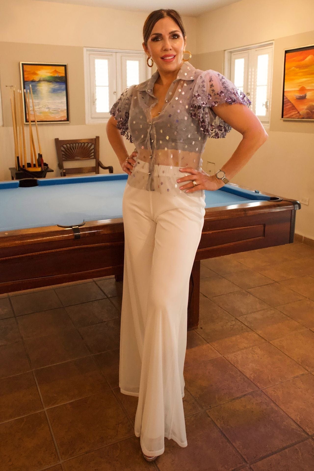 Metallic Mesh Bell Sleeve Blouse - front view, embroidered mesh and rhinestone buttons.

