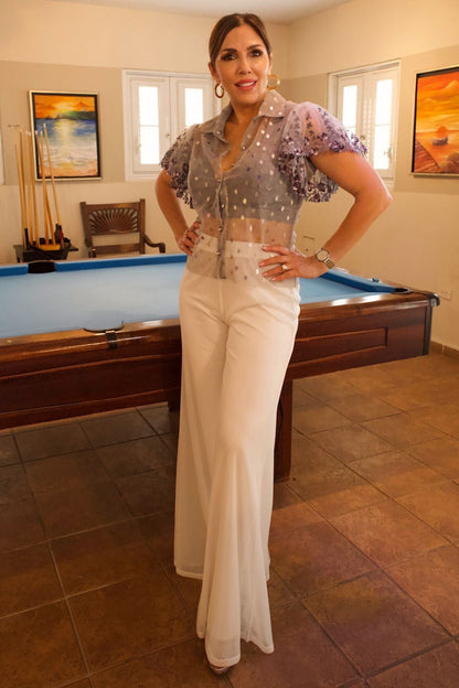 Metallic Mesh Bell Sleeve Blouse - front view, embroidered mesh and rhinestone buttons.

