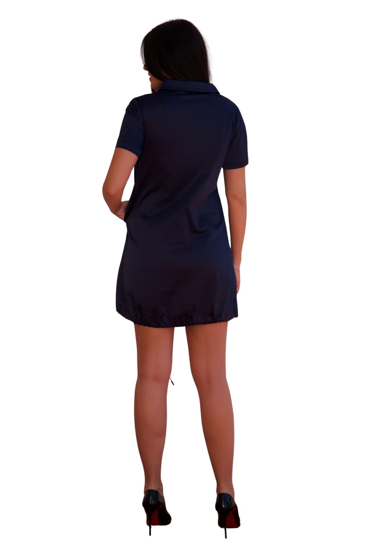 midnight navy satin bubble hem mini dress elegant zip front women dress available online and in-store