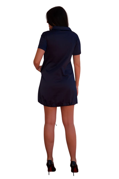 midnight navy satin bubble hem mini dress elegant zip front women dress available online and in-store