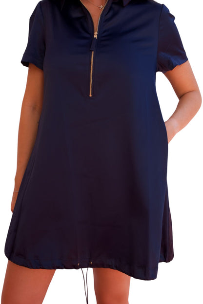 midnight navy satin bubble hem mini dress elegant zip front women dress available online and in-store
