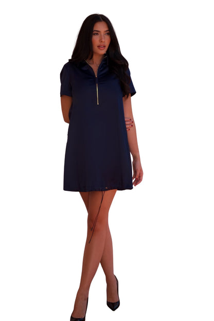 midnight navy satin bubble hem mini dress elegant zip front women dress available online and in-store