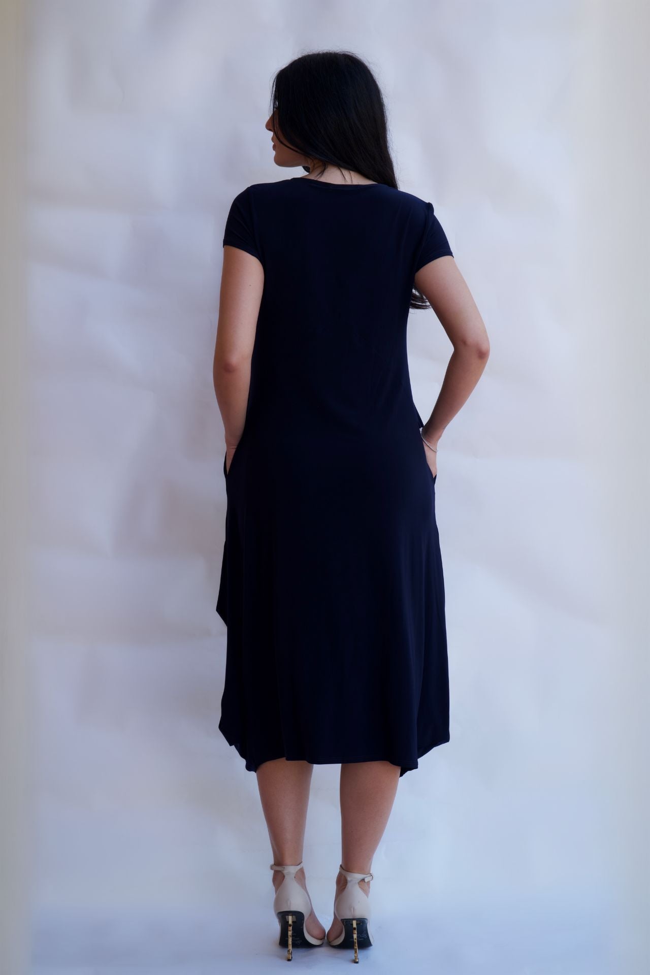 Modern navy midi travel dress with pockets elegant casual outfit available online and in-store