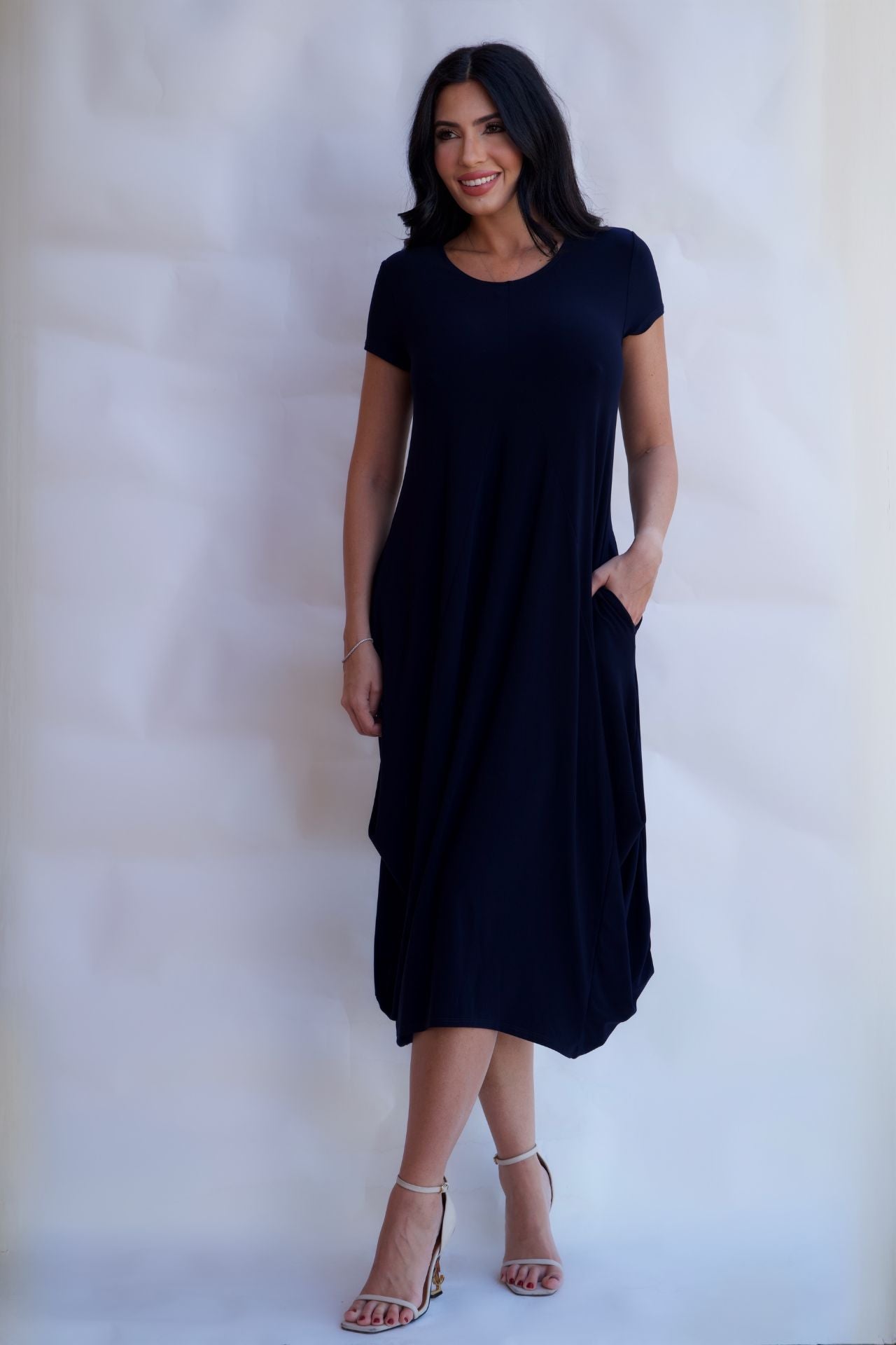 Modern navy midi travel dress with pockets elegant casual outfit available online and in-store