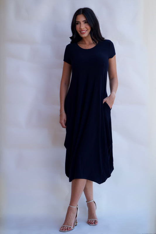 Modern navy midi travel dress with pockets elegant casual outfit available online and in-store