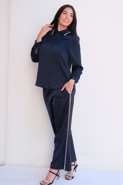 Navy two-piece set with crystal-embellished collar blouse and pull-on pants with side pockets, elegant everyday outfit for women