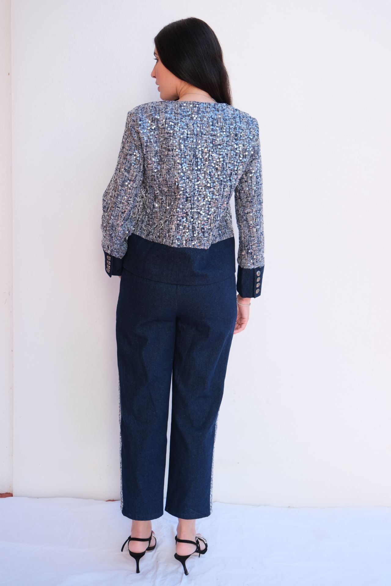 Navy shimmer jacket and pant two-piece set for elegant women