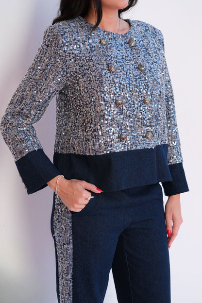 Navy shimmer jacket and pant two-piece set for elegant women